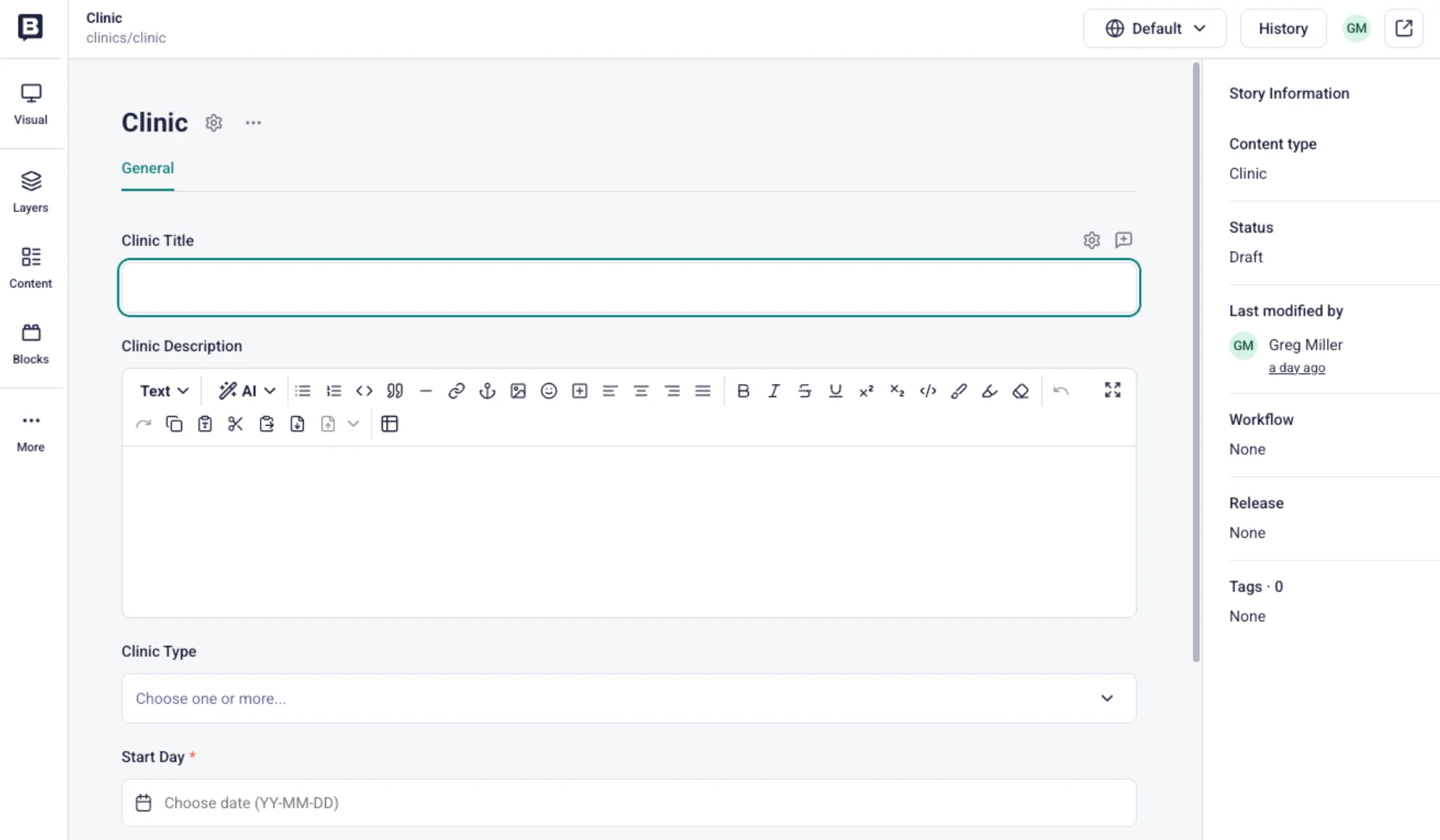 A screenshot of the Storyblok interface, showing the clinic events user interface.