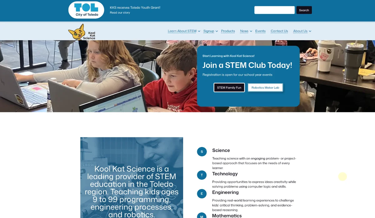 A screenshot of the Kool Kat Science website, showing the homepage, product listings, and blog posts.