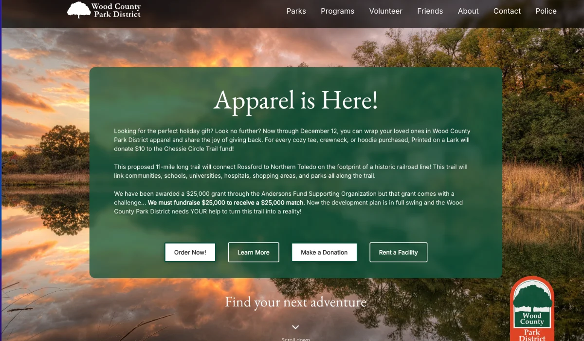 A screenshot of the Wood County Park District website, showing the homepage, parks, programs, and events.