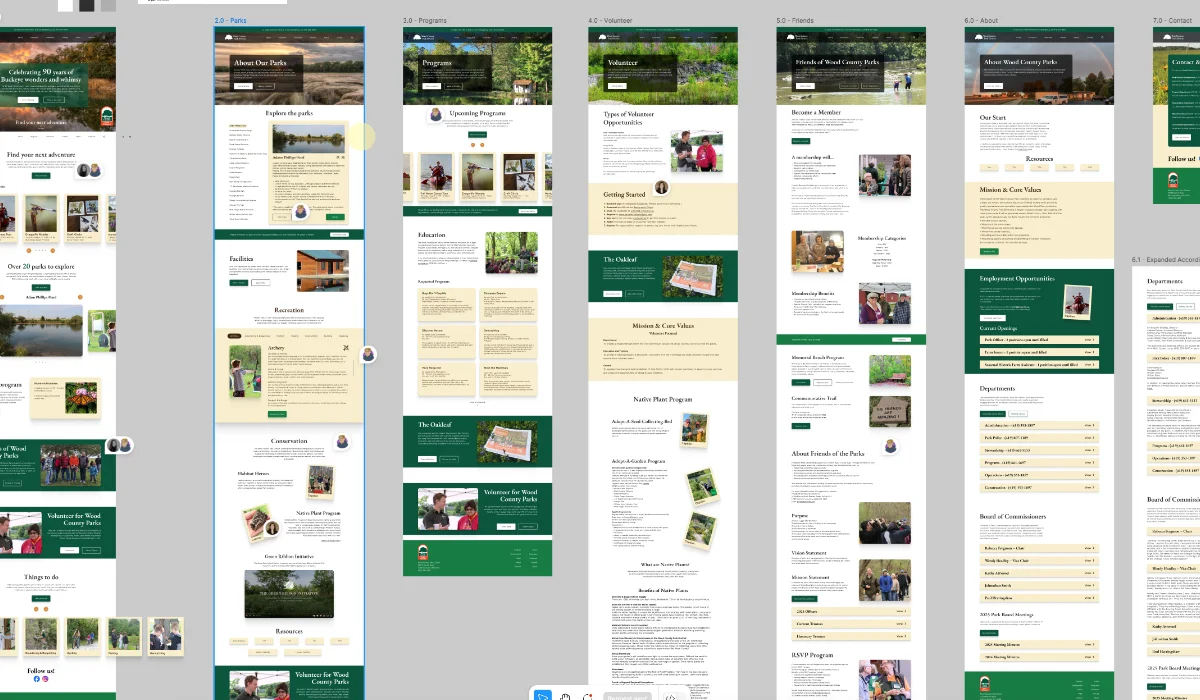 Figma mockups for the Wood County Park District website redesign.